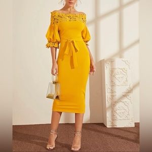 Lace Yoke Puff Sleeve Belted Pencil Dress